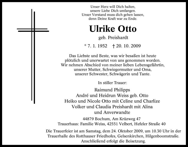  Traueranzeige für Ulrike Otto vom 21.10.2009 aus Tageszeitung