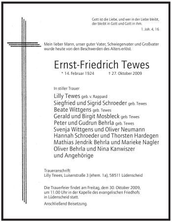 Traueranzeige von Ernst-Friedrich Tewes von Tageszeitung