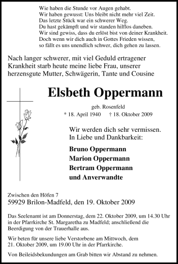 Traueranzeige von Elsbeth Oppermann von Tageszeitung