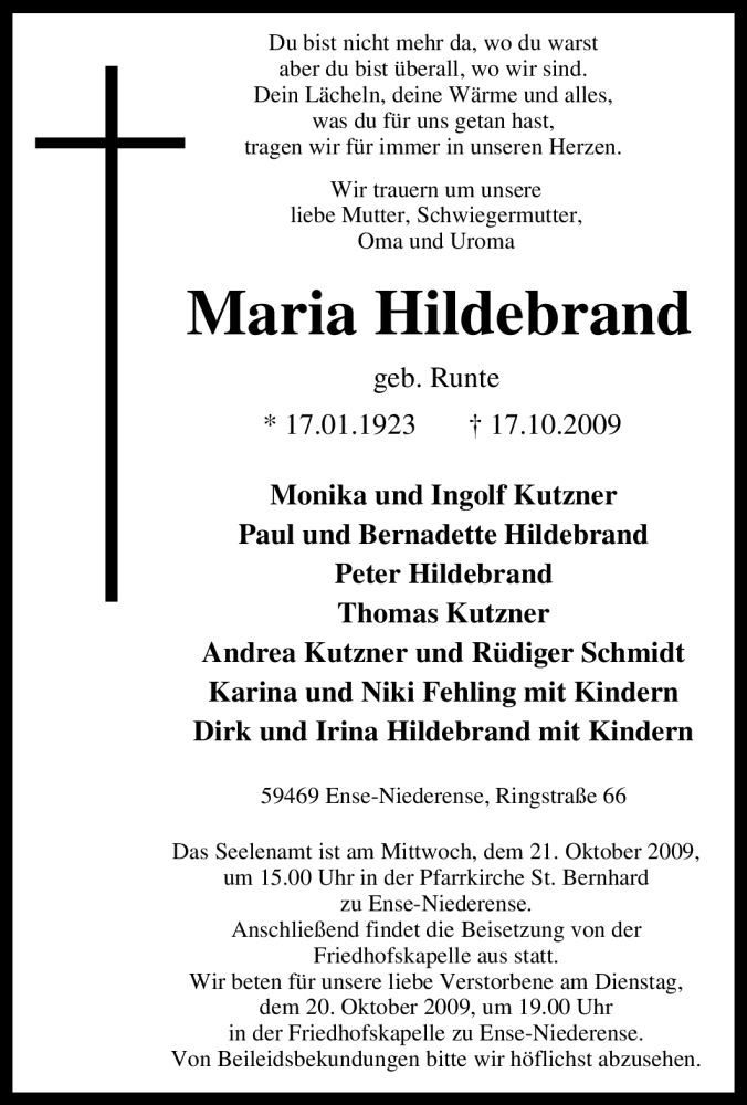  Traueranzeige für Maria Hildebrand vom 20.10.2009 aus Tageszeitung