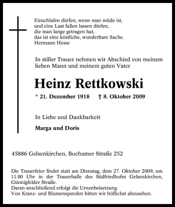 Traueranzeige von Heinz Rettkowski von Tageszeitung