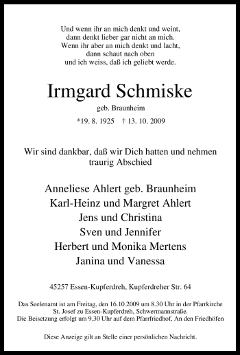 Traueranzeige von Irmgard Schmiske von Tageszeitung