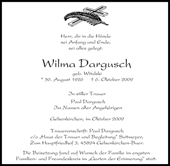Traueranzeige von Wilma Dargusch von Tageszeitung