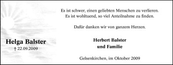 Traueranzeige von Helga Balster von Tageszeitung