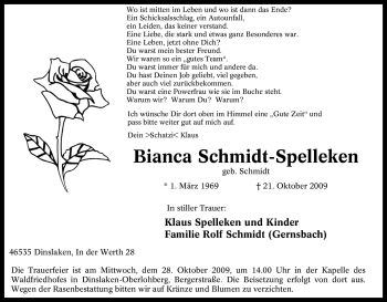 Traueranzeige von Bianca Schmidt-Spelleken von Tageszeitung