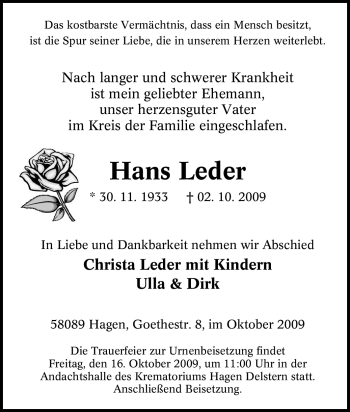 Traueranzeige von Hans Leder von Tageszeitung
