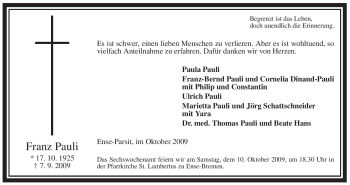 Traueranzeige von Franz Pauli von Tageszeitung