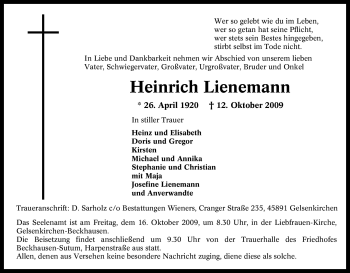 Traueranzeige von Heinrich Lienemann von Tageszeitung