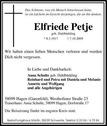 Traueranzeige von Elfriede Petje von Tageszeitung