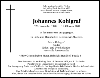 Traueranzeige von Johannes Kohlgraf von Tageszeitung