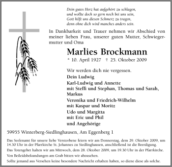 Traueranzeige von Marlies Brockmann von Tageszeitung