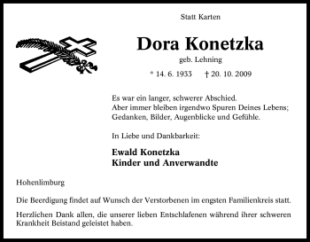 Traueranzeige von Dora Konetzka von Tageszeitung