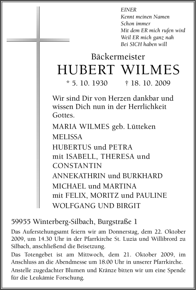  Traueranzeige für Hubert Wilmes vom 20.10.2009 aus Tageszeitung