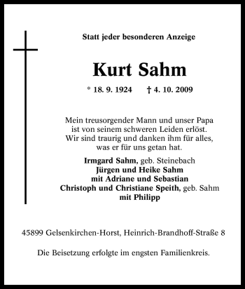 Traueranzeige von Kurt Sahm von Tageszeitung