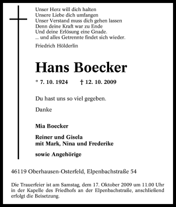 Traueranzeige von Hans Boecker von Tageszeitung