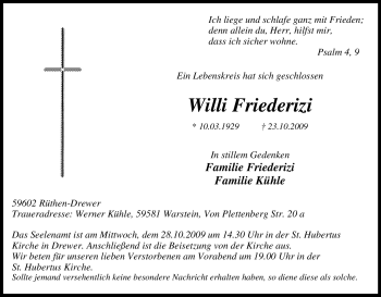 Traueranzeige von Willi Friederizi von Tageszeitung
