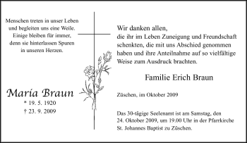 Traueranzeige von Maria Braun von Tageszeitung