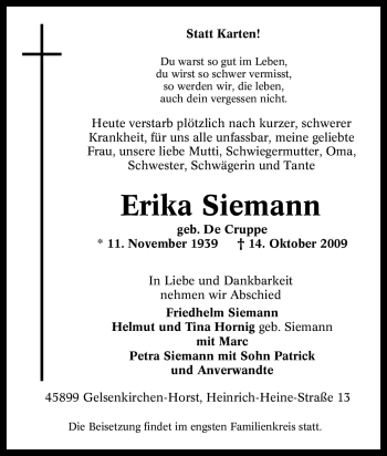 Traueranzeige von Erika Siemann von Tageszeitung