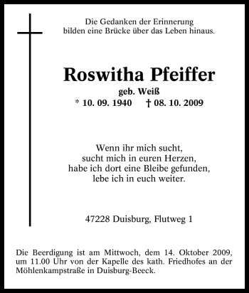 Traueranzeige von Roswitha Pfeiffer von Tageszeitung