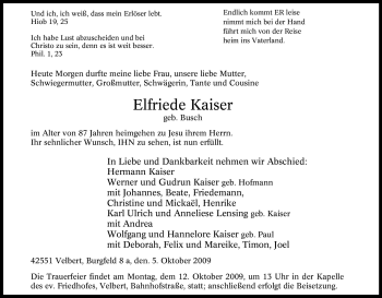 Traueranzeige von Elfriede Kaiser von Tageszeitung
