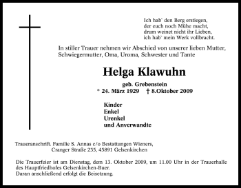 Traueranzeige von Helga Klawuhn von Tageszeitung