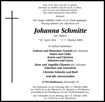 Traueranzeige von Johanna Schmitte von Tageszeitung