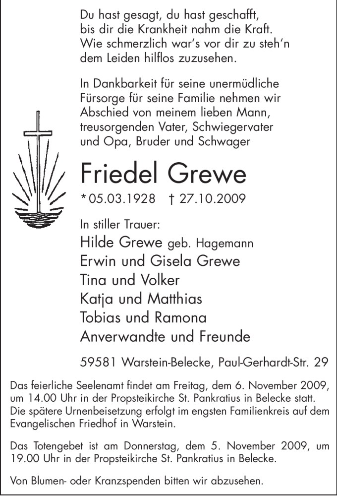  Traueranzeige für Friedel Grewe vom 30.10.2009 aus Tageszeitung