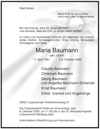 Traueranzeige von Maria Baumann von Tageszeitung