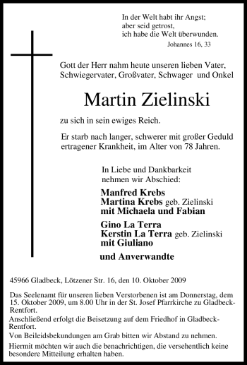 Traueranzeige von Martin Zielinski von Tageszeitung