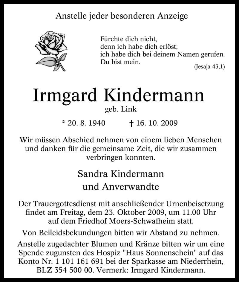  Traueranzeige für Irmgard Kindermann vom 20.10.2009 aus Tageszeitung