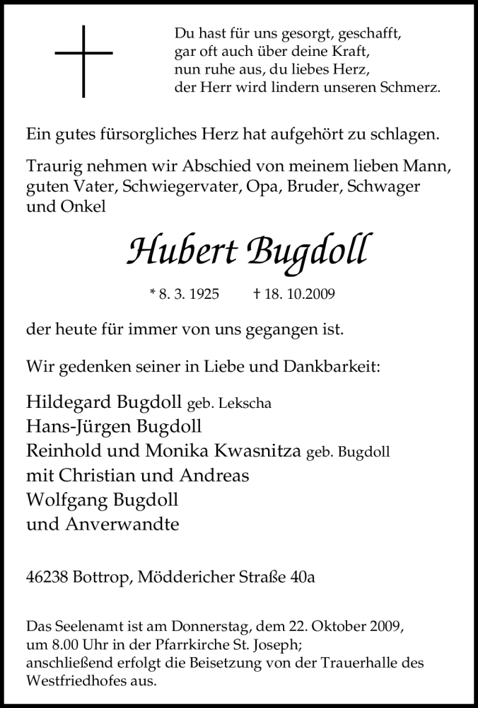 Traueranzeige für Hubert Bugdoll vom 20.10.2009 aus Tageszeitung