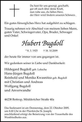 Traueranzeige von Hubert Bugdoll von Tageszeitung