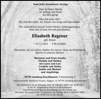 Traueranzeige von Elisabeth Regener von Tageszeitung