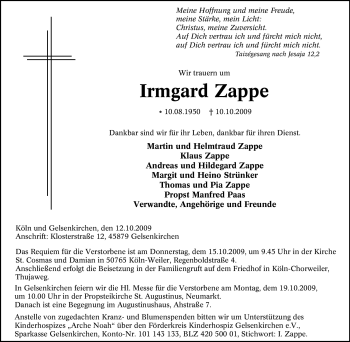 Traueranzeige von Irmgard Zappe von Tageszeitung