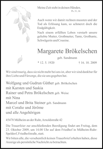 Traueranzeige von Margarete Brökelschen von Tageszeitung