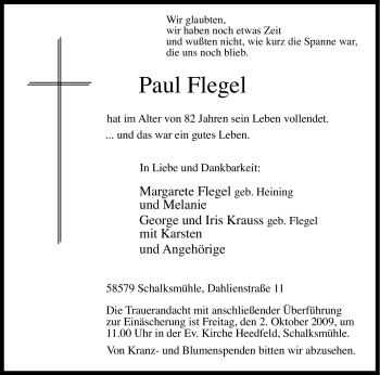Traueranzeige von Paul Flegel von Tageszeitung