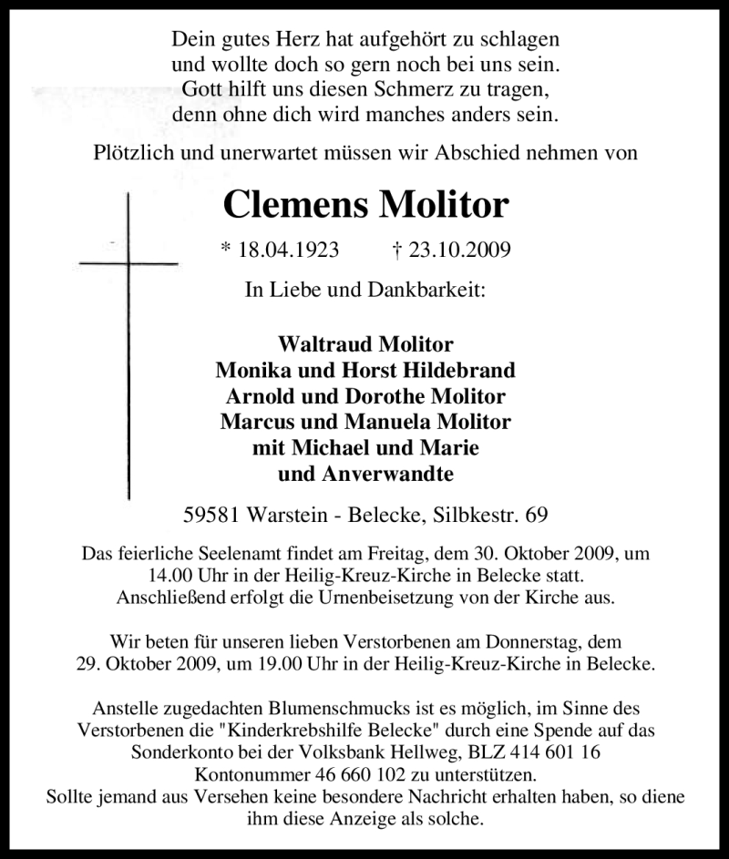  Traueranzeige für Clemens Molitor vom 26.10.2009 aus Tageszeitung