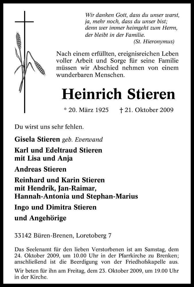  Traueranzeige für Heinrich Stieren vom 22.10.2009 aus Tageszeitung