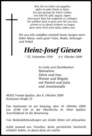 Traueranzeige von Heinz-Josef Giesen von Tageszeitung