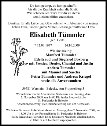 Traueranzeige von Elisabeth Tümmler von Tageszeitung