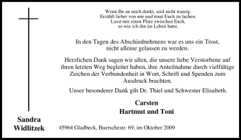 Traueranzeige von Sandra Widlitzek von Tageszeitung