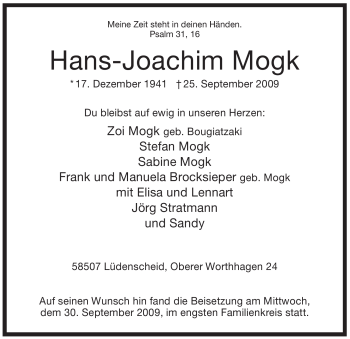 Traueranzeige von Hans-Joachim Mogk von Tageszeitung