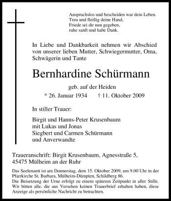 Traueranzeige von Bernhardine Schürmann von Tageszeitung