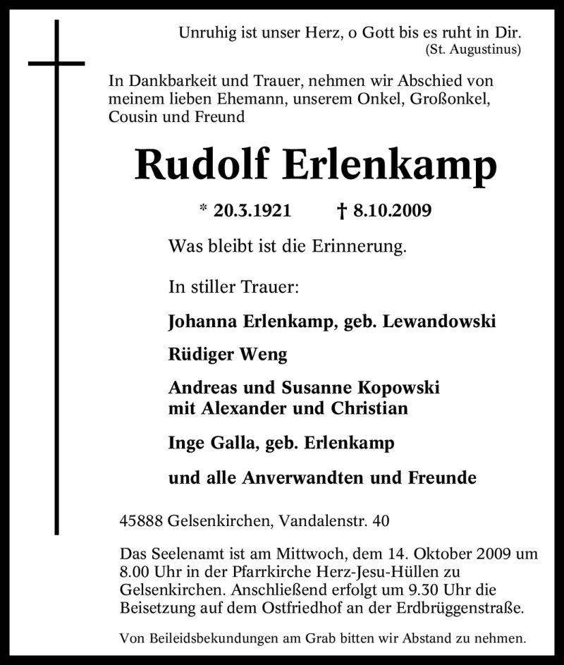 Traueranzeigen Von Rudolf Erlenkamp | Trauer-in-NRW.de