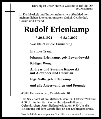 Traueranzeige von Rudolf Erlenkamp von Tageszeitung