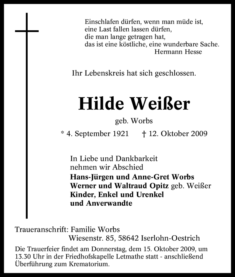 Traueranzeigen von Hilde Weißer | Trauer-in-NRW.de