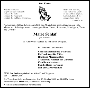 Traueranzeige von Marie Schlaf von Tageszeitung