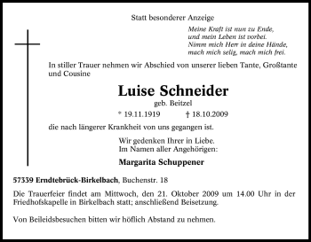 Traueranzeige von Luise Schneider von Tageszeitung