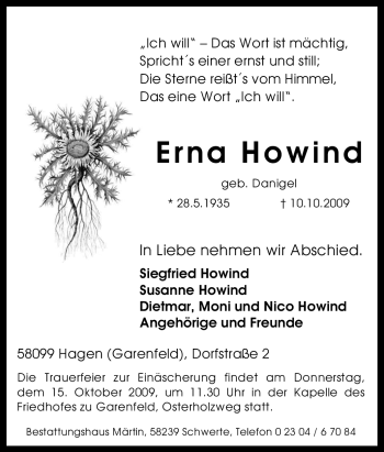 Traueranzeige von Erna Howind von Tageszeitung