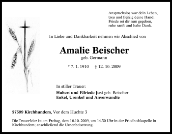 Traueranzeige von Amalie Beischer von Tageszeitung
